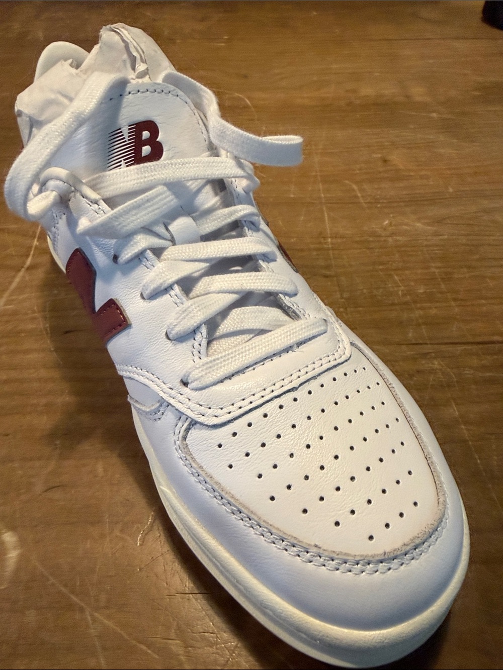 New Balance White Leather Sneaker with Burgundy 'N' Accents